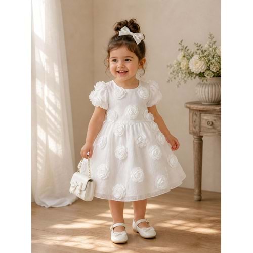 Serkon Güllü Fermuarlı Elbise 2-7 Yaş -1034840 - BEYAZ