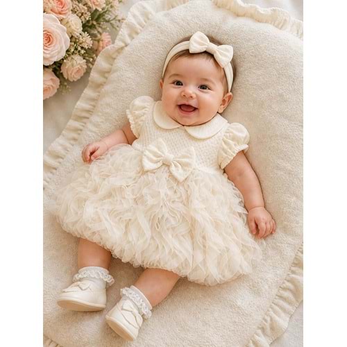 Serkon Bebe Yaka Fiyonklu Tüllü Elbise 6-36 Aylık -1003503 - KREM
