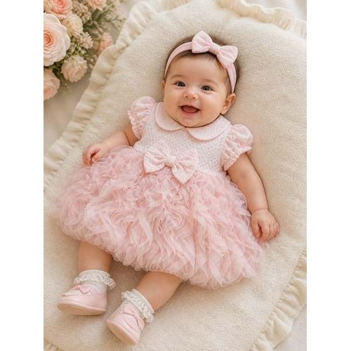 Serkon Bebe Yaka Fiyonklu Tüllü Elbise 6-36 Aylık -1003503 - PEMBE