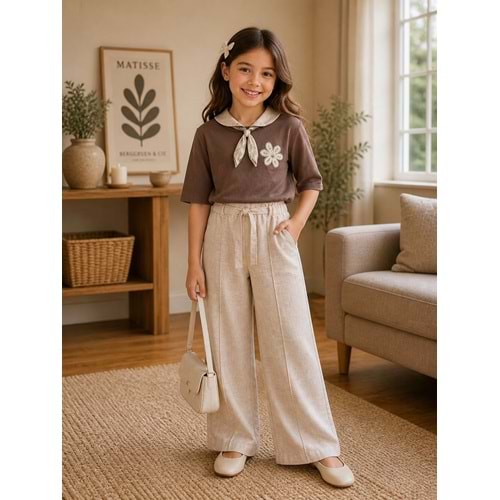 Trend Rose Çiçek Detaylı Keten Pantolonlu Kız İkili Takım 14-17 Yaş -4512500 - KAHVERENGİ