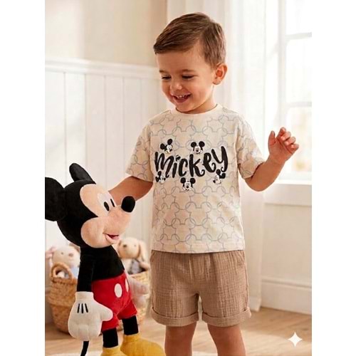 Mickey Baskılı Müslin Şortlu Erkek İkili Takım 2-5 Yaş -BA26201200 - AÇIK KAHVE