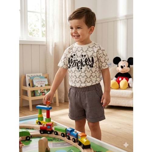 Mickey Baskılı Müslin Şortlu Erkek İkili Takım 2-5 Yaş -BA26201200 - KAHVERENGİ