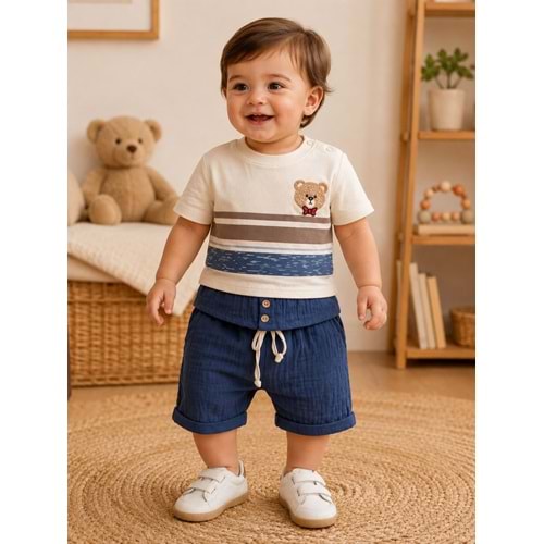 Wow Müslin Kumaş Şortlu Erkek İkili Takım 9-24 Aylık -BA10663164 - LACİVERT