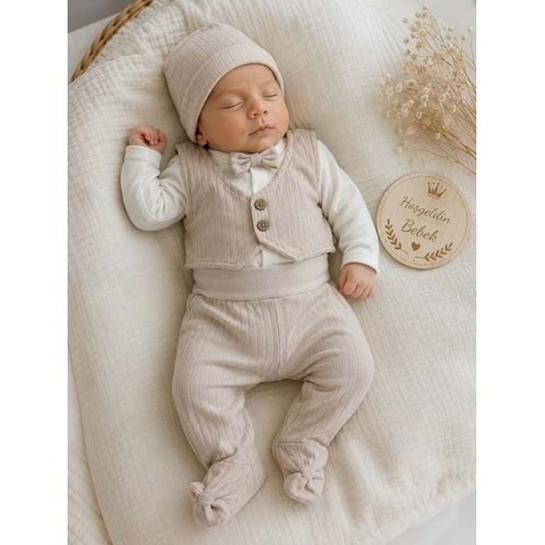 Babycan Yelekli Papyonlu Erkek Kendinden Eldivenli Yeni Doğan Takım 0-3 Aylık -DÜ9379196 - AÇIK KAHVE