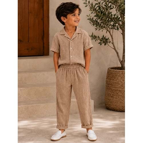 Nardanlı Müslim Kumaş Jogger Pantolonlu Takım 11-15 Yaş -NA6200480 - AÇIK KAHVE
