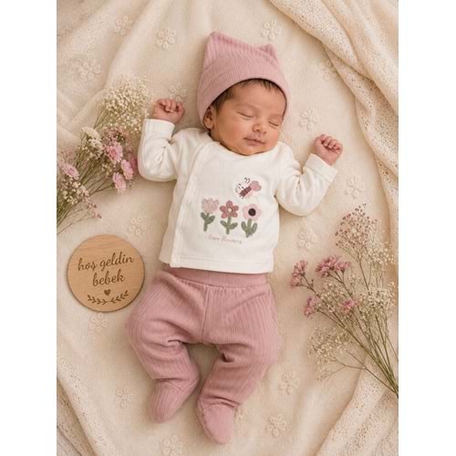 Baby Can Kız Lale Ve Arı Nakışlı Yeni doğan Takım 0-3 Aylık -DÜ9404171 - GÜL KURUSU