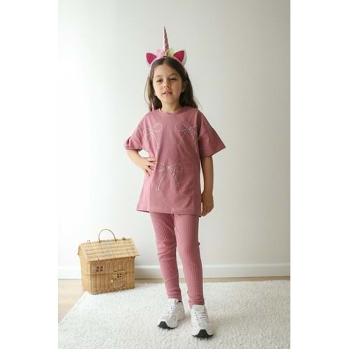Jeliboom Kids Taşlı Fiyonklu Taytlı Kız İkili Takım 3-10 Yaş -Lİ6731220 - GÜL KURUSU