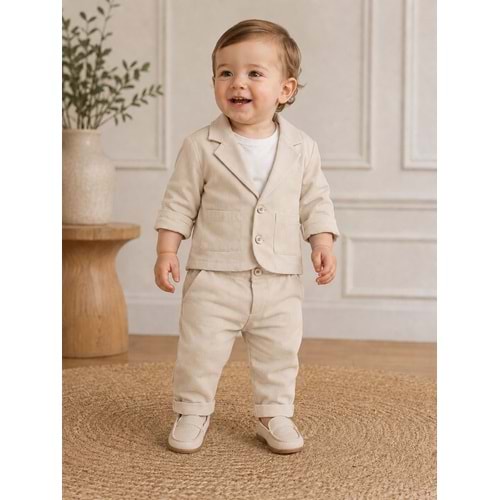 Dmb Erkek 3 lü Ceketli Keten Kumaş Takım 1-3 Yaş -DM4040680 - BEJ