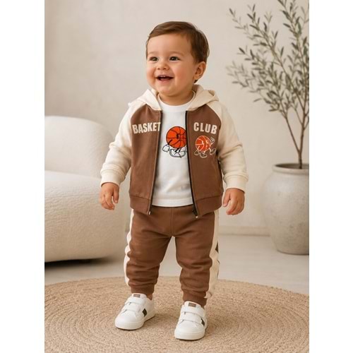 Yakup Bebe Erkek Fermuarlı Hırka Üçlü Takım 1-4 Yaş -BA653311 - KAHVERENGİ