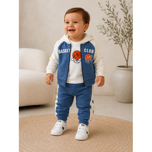 Yakup Bebe Erkek Fermuarlı Hırka Üçlü Takım 1-4 Yaş -BA653311 - MAVİ