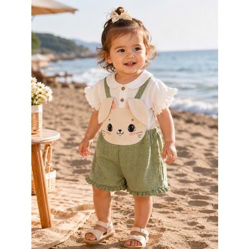 Bebinni Tavşan Desenli Müslin Kumaş Slopet Kız Takım 9-24 Aylık -AY9014228 - SU YEŞİLİ