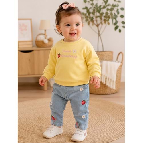 Baby Bu Çilek Nakışlı Kot Pantolonlu İkili Takım 9-24 Aylık -BAY0398300 - SARI