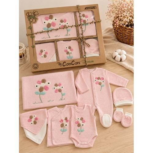 Concon Baby Organik Waffle Çiçekli Nakışlı Kız 10 Lu Hastane Çıkışı -KAY1664608 - PEMBE