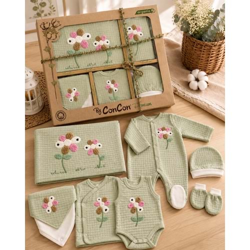 Concon Baby Organik Waffle Çiçekli Nakışlı Kız 10 Lu Hastane Çıkışı -KAY1664608 - YEŞİL