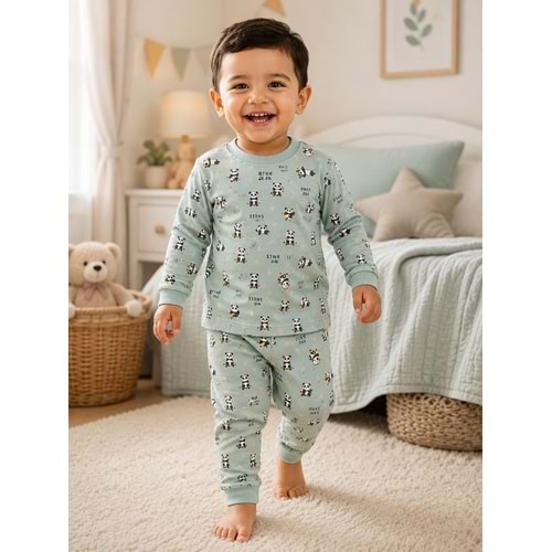 Miniworld Panda Baskılı Sıfır Yaka Erkek Pijama Takımı 6-24 Aylık -BAY18834155 - AÇIK MAVİ