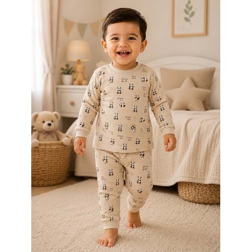 Miniworld Panda Baskılı Sıfır Yaka Erkek Pijama Takımı 6-24 Aylık -BAY18834155 - BEJ