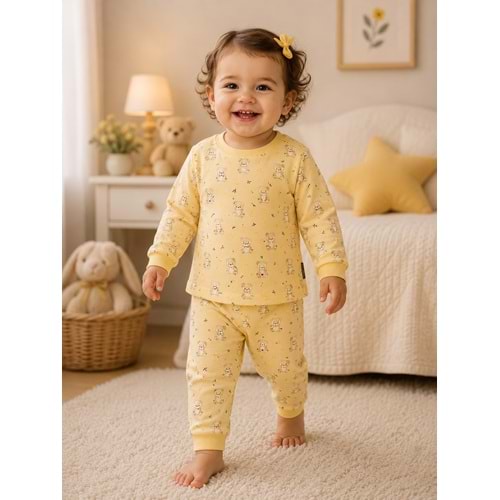 Miniworld Ayıcık Baskılı Sıfır Yaka Kız Pijama Takımı 6-24 Aylık -BAY18727155 - SARI