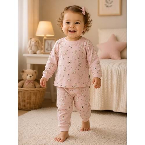 Miniworld Ayıcık Baskılı Sıfır Yaka Kız Pijama Takımı 6-24 Aylık -BAY18727155 - SOMON