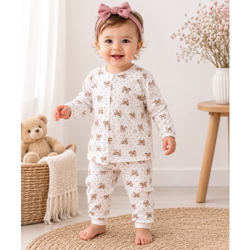 Miniworld Renkli Fiyonk Baskılı Çıtçıtlı Kız Pijama Takımı 6-24 Aylık -BAY18738170 - GÜL KURUSU