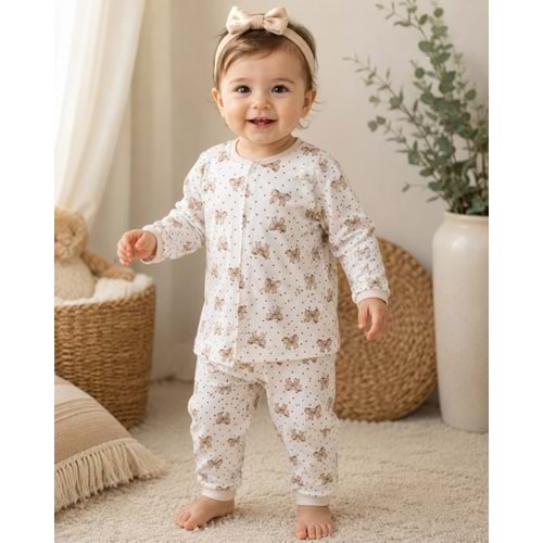 Miniworld Renkli Fiyonk Baskılı Çıtçıtlı Kız Pijama Takımı 6-24 Aylık -BAY18738170 - KAHVERENGİ