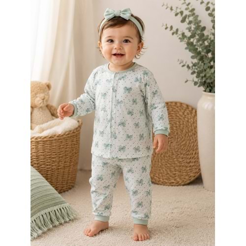 Miniworld Renkli Fiyonk Baskılı Çıtçıtlı Kız Pijama Takımı 6-24 Aylık -BAY18738170 - SU YEŞİLİ
