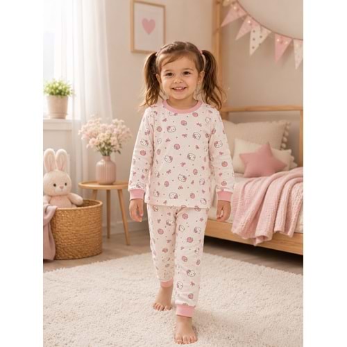 Miniworld Çilekli Kedi Baskılı Sıfır Yaka Kız Pijama Takımı 3-6 Yaş -BAY17552189 - PEMBE