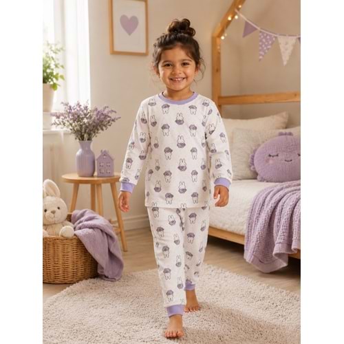 Miniworld Papatyalı Tavşan Baskılı Sıfır Yaka Kız Pijama Takımı 6-9 Aylık -BAY18825155 - LİLA