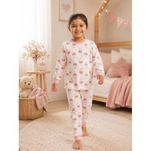 Miniworld Papatyalı Tavşan Baskılı Sıfır Yaka Kız Pijama Takımı 6-9 Aylık -BAY18825155 - PEMBE