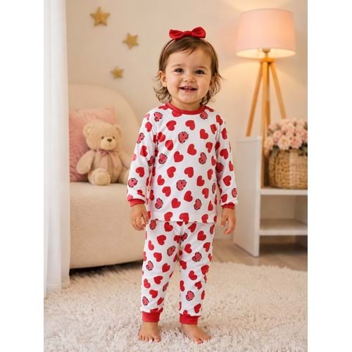 Miniworld Kalp Baskılı Sıfır Yaka Kız Pijama Takımı 6-24 Aylık -BAY18731155 - KIRMIZI