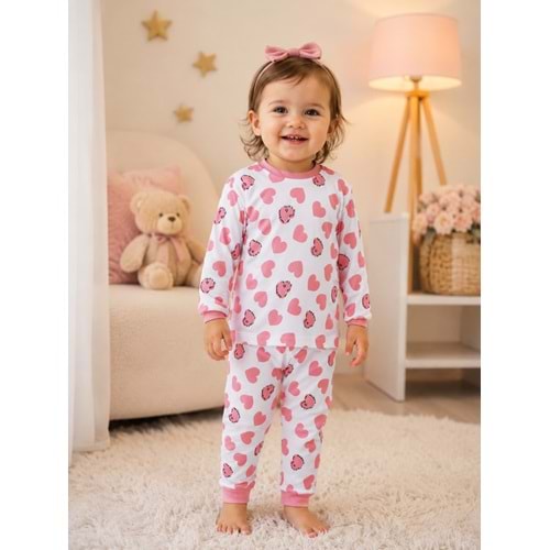 Miniworld Kalp Baskılı Sıfır Yaka Kız Pijama Takımı 6-24 Aylık -BAY18731155 - PEMBE