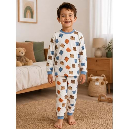 Miniworld Renkli Ayıcık Baskılı Sıfır Yaka Erkek Pijama Takımı 3-6 Yaş -BAY17560189 - MAVİ