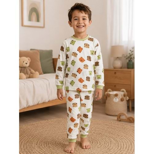 Miniworld Renkli Ayıcık Baskılı Sıfır Yaka Erkek Pijama Takımı 3-6 Yaş -BAY17560189 - YEŞİL