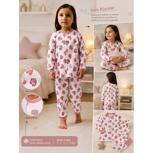 Miniworld Kalp Baskılı Çıtçıtlı Kız 3-6 Yaş Pijama Takımı -BAY17517205 - GÜL KURUSU