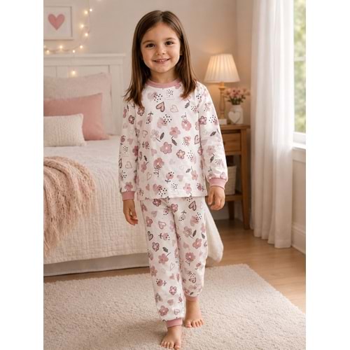 Miniworld Çiçek Kalp Baskılı Sıfır Yaka Kız 3-6 Yaş Pijama Takımı -BAY17551189 - GÜL KURUSU