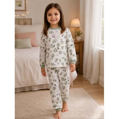 Miniworld Çiçek Kalp Baskılı Sıfır Yaka Kız 3-6 Yaş Pijama Takımı -BAY17551189 - SU YEŞİLİ
