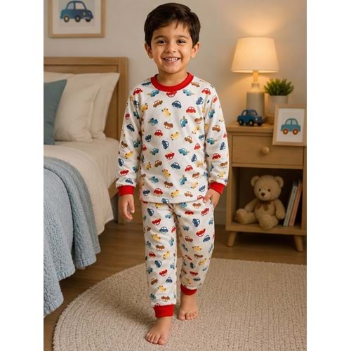 Miniworld Araba Baskılı Sıfır Yaka Erkek 3-6 Yaş Pijama Takımı -BAY17562189 - KIRMIZI
