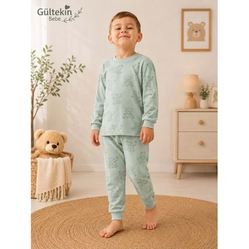 Miniworld Ayıcık Baskılı Sıfır Yaka Erkek 3-6 Yaş Pijama Takımı -BAY17508189 - SU YEŞİLİ
