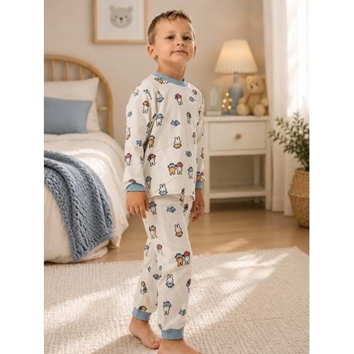 Miniworld Tavşan Baskılı Sıfır Yaka Erkek 6-24 Aylık Pijama Takımı -BAY18735155 - MAVİ