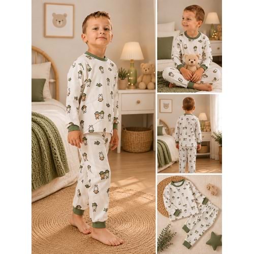 Miniworld Tavşan Baskılı Sıfır Yaka Erkek 6-24 Aylık Pijama Takımı -BAY18735155 - YEŞİL