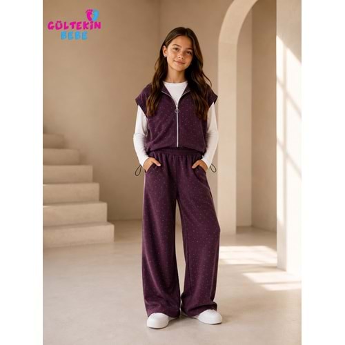 Son Öz Bebe Taşlı Yelekli Üçlü Kız Takım 10-14 Yaş -SO0045875 - BORDO