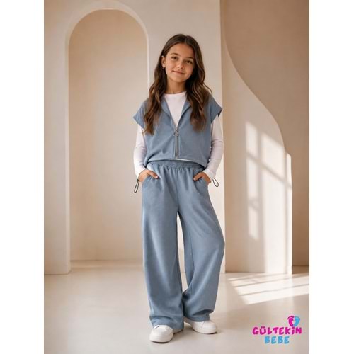 Son Öz Bebe Taşlı Yelekli Üçlü Kız Takım 10-14 Yaş -SO0045875 - MAVİ
