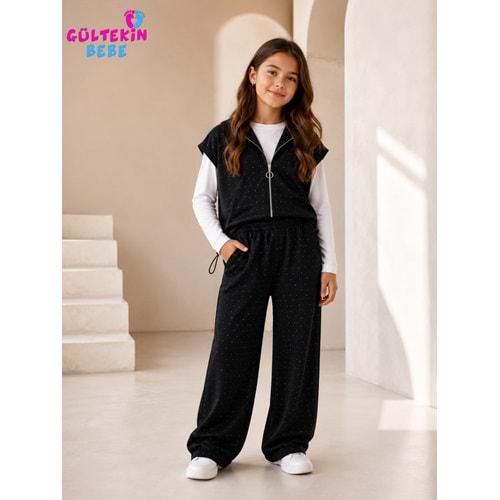 Son Öz Bebe Taşlı Yelekli Üçlü Kız Takım 10-14 Yaş -SO0045875 - SİYAH