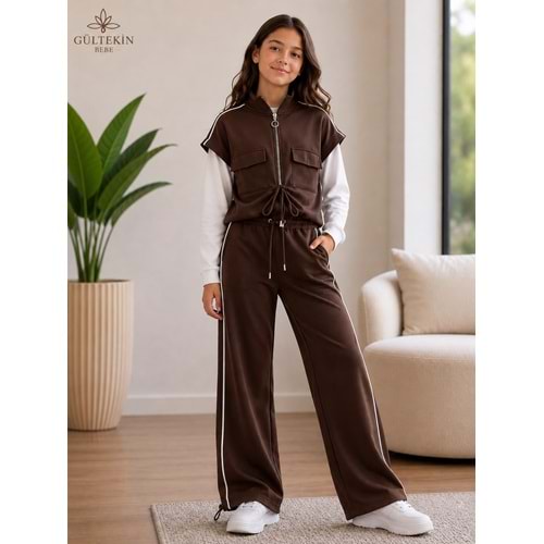 Son Öz Bebe Fermuarlı Yelekli Üçlü Kız Eşofman Takımı 10-14 Yaş -SO0014850 - KAHVERENGİ