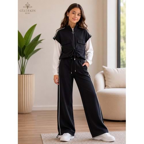 Son Öz Bebe Fermuarlı Yelekli Üçlü Kız Eşofman Takımı 10-14 Yaş -SO0014850 - SİYAH