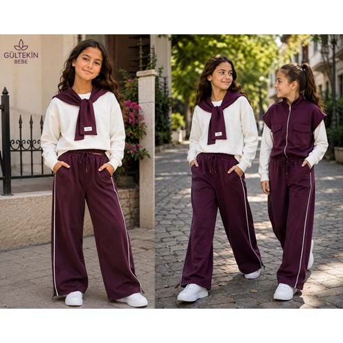 Son Öz Bebe Atkılı Kız Üçlü Eşofman Takımı 10-14 Yaş -SO009735 - BORDO