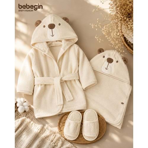 Bebessi Ayıcık Bebek 3lü Bornoz Seti-CA4152630 - KREM