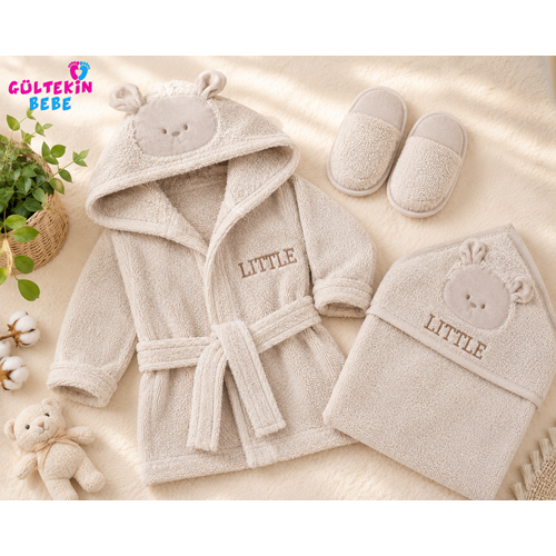 Bebessi Lıttle Bear Nakışlı Erkek Bebek Bornoz Seti -CA4183594 - MAVİ
