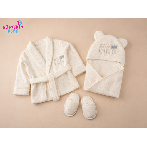 Bebessi Kıng Nakışlı Erkek Bebek Bornoz Seti -CA4243594 - EKRU