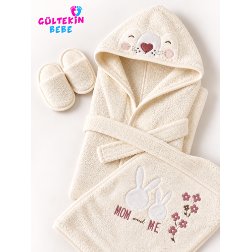 Bebessi Sweet Bunny Nakışlı Kız Bornoz Seti -CA4200610 - EKRU