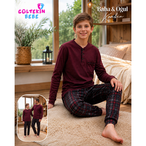 Tarık İnterlok Kumaş Robalı Erkek Pijama Takımı 11-16 Yaş -TA4427470 - BORDO